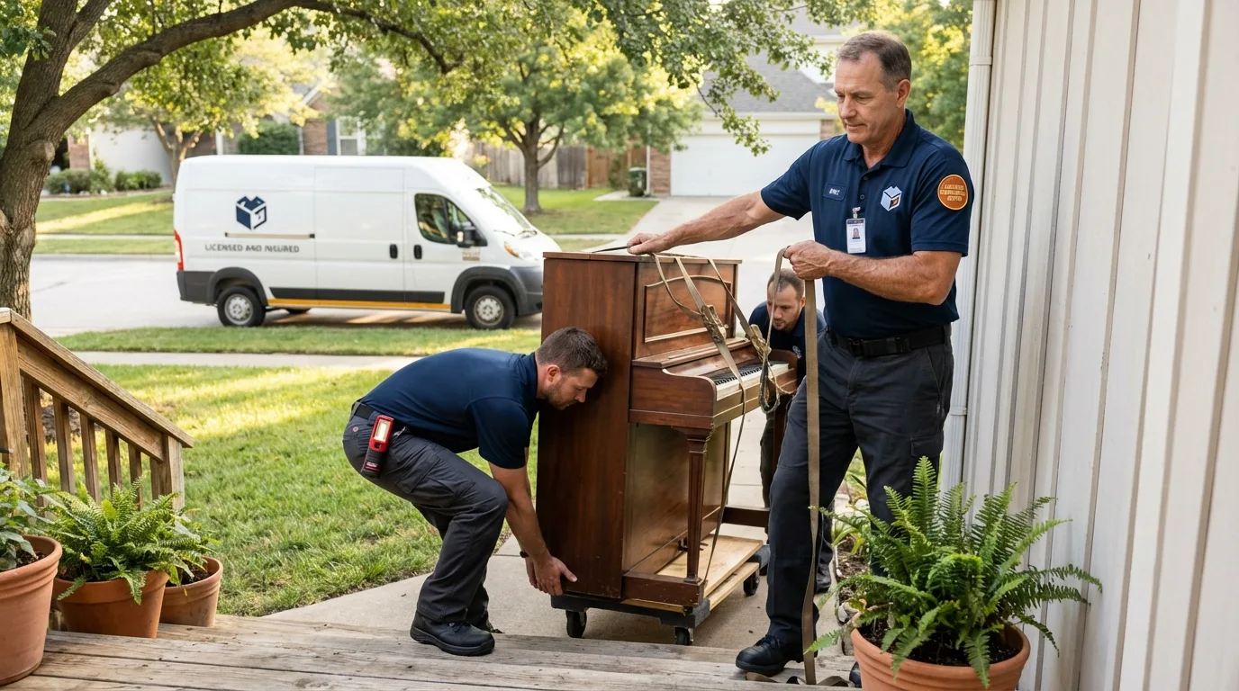 Licensed piano movers securing grand piano in Nyack, NY