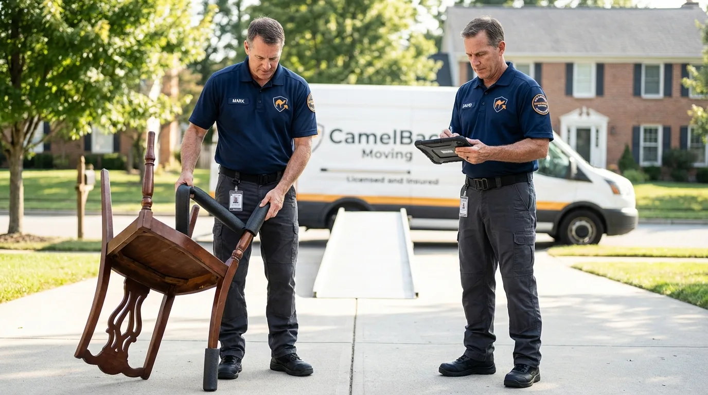 Movers inspecting furniture for damage prevention before loading in Nyack, NY
